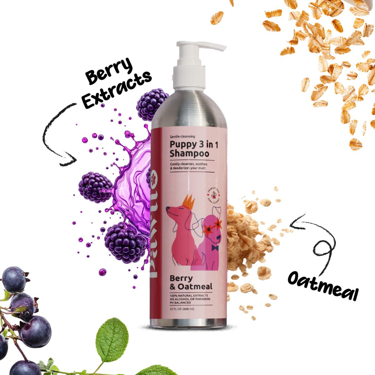Pawllo Berries and Oatmeal Shampoo 3 in 1 Puppy Shampoo for Puppies and Kittens | Gentle & Tear-Free Pet Shampoo for Sensitive Skin | Soothing, Moisturizing & pH Balanced Formula | Enriched with Antioxidant-Rich Berry Extracts & Calming Oatmeal | Ideal for Regular Use | 300ml & 600ml - Image 3